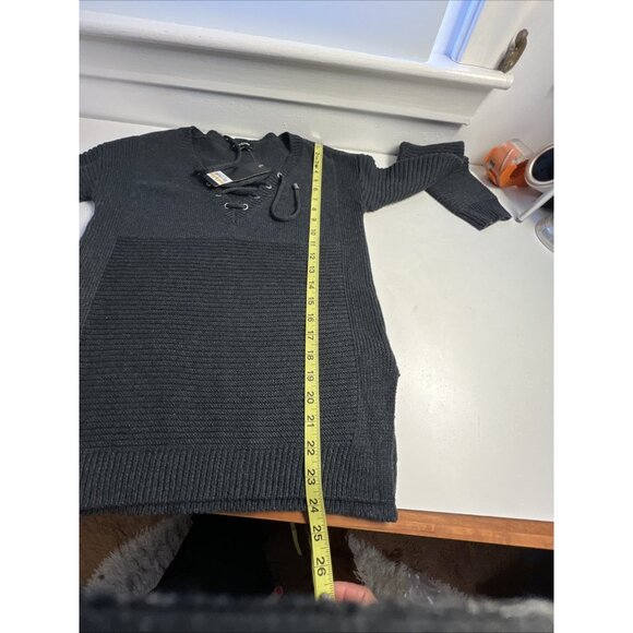 Bebe NWT Sweater Sz M Dark Gray Longsleeve Lace Up V-Neck - Picture 9 of 9